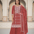 Rust Red Chinon Embroidered Readymade Palazzo Suit with Dupatta - Mangaldeep NX