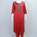 Rust Red Cotton Kurta Set with Embroidered Yoke and Black Printed Dupatta - Mangaldeep NX