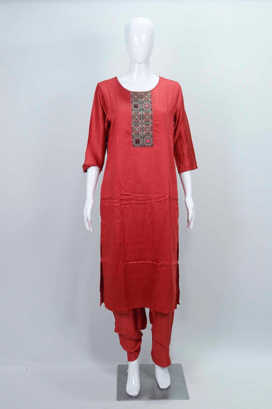Rust Red Cotton Kurta Set with Embroidered Yoke and Black Printed Dupatta - Mangaldeep NX