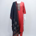 Rust Red Cotton Kurta Set with Embroidered Yoke and Black Printed Dupatta - Mangaldeep NX
