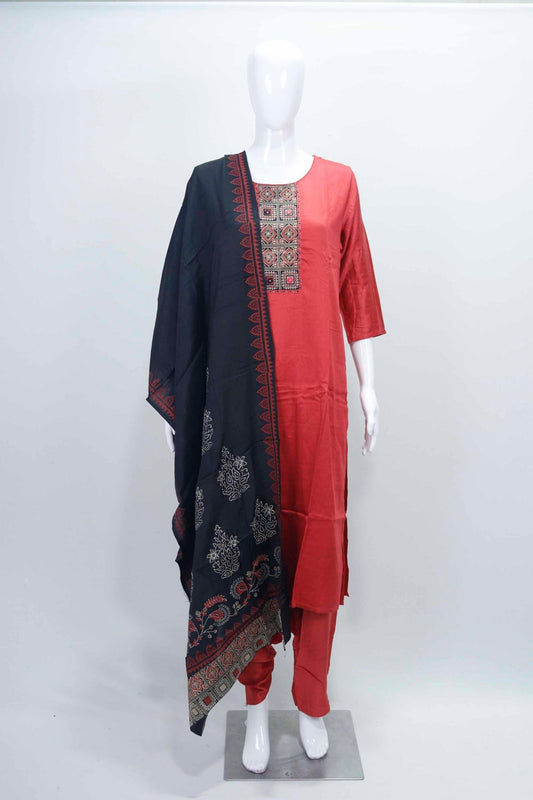 Rust Red Cotton Kurta Set with Embroidered Yoke and Black Printed Dupatta - Mangaldeep NX