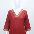 Rust Red Solid Cotton Straight Salwar Suit with Printed Dupatta - Mangaldeep NX