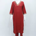 Rust Red Solid Cotton Straight Salwar Suit with Printed Dupatta - Mangaldeep NX