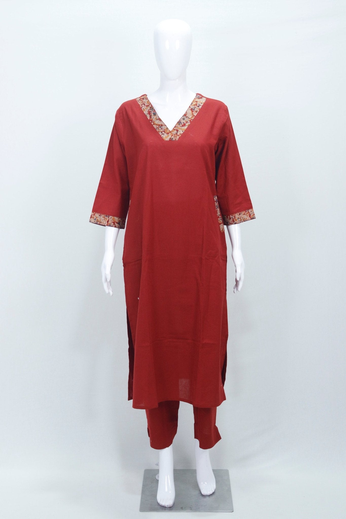 Rust Red Solid Cotton Straight Salwar Suit with Printed Dupatta - Mangaldeep NX