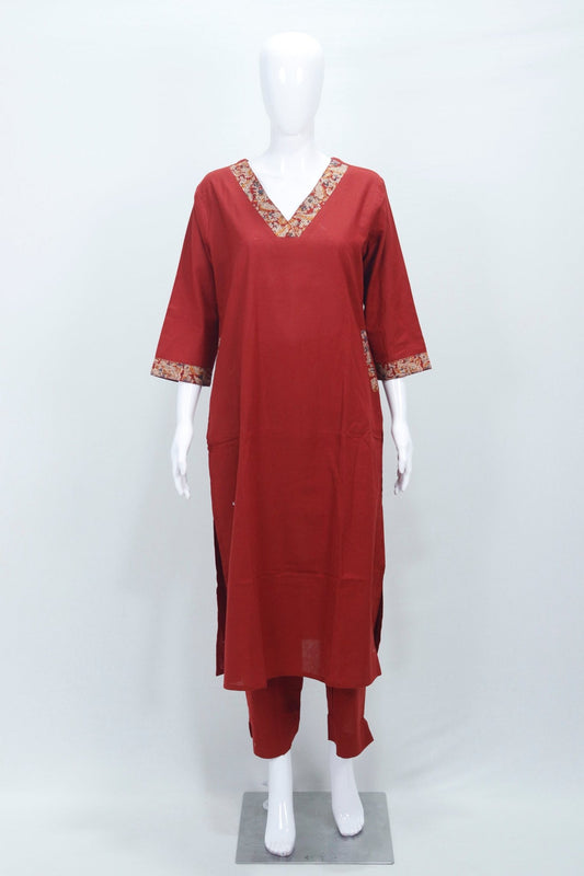 Rust Red Solid Cotton Straight Salwar Suit with Printed Dupatta - Mangaldeep NX