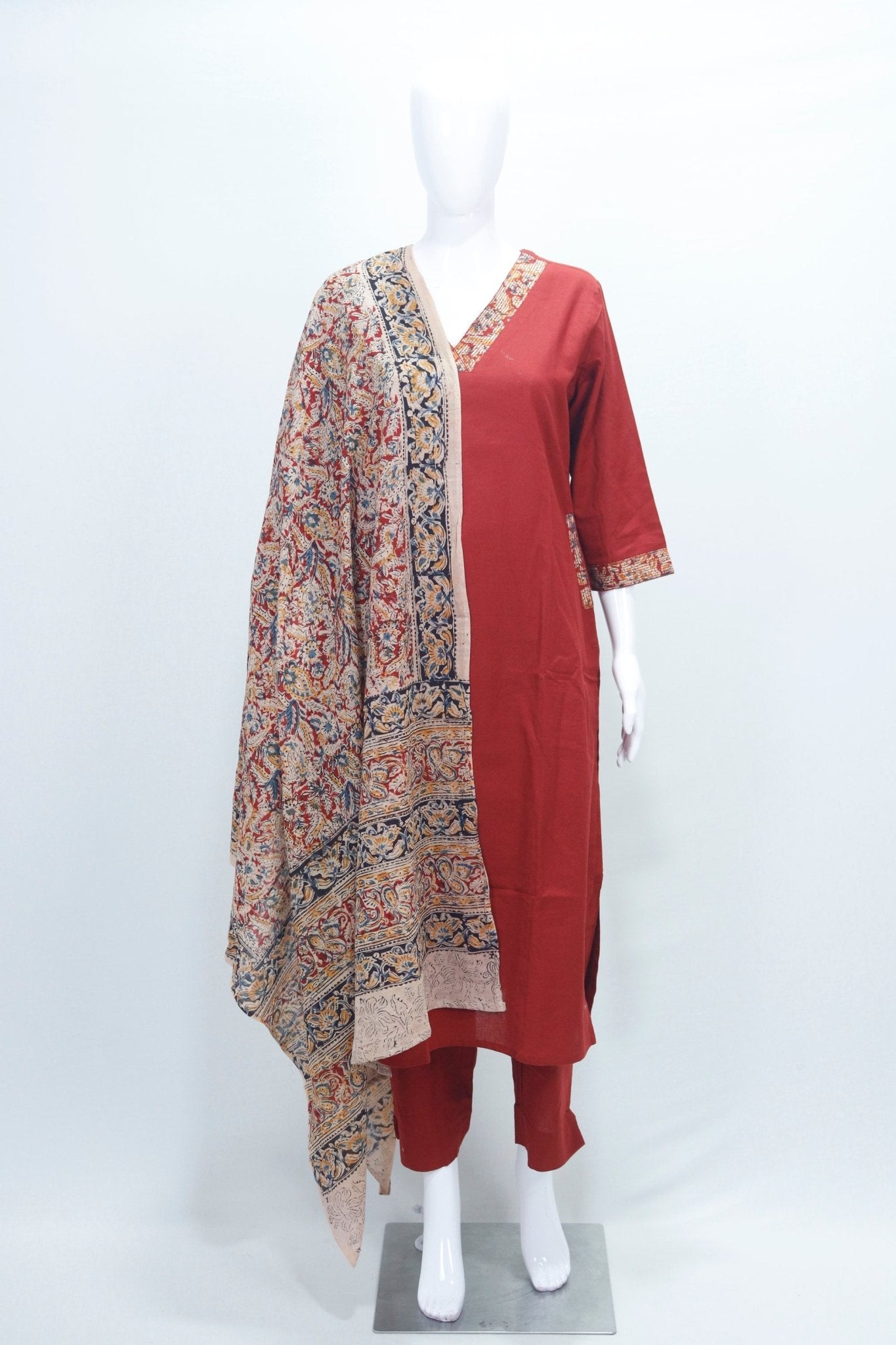Rust Red Solid Cotton Straight Salwar Suit with Printed Dupatta - Mangaldeep NX