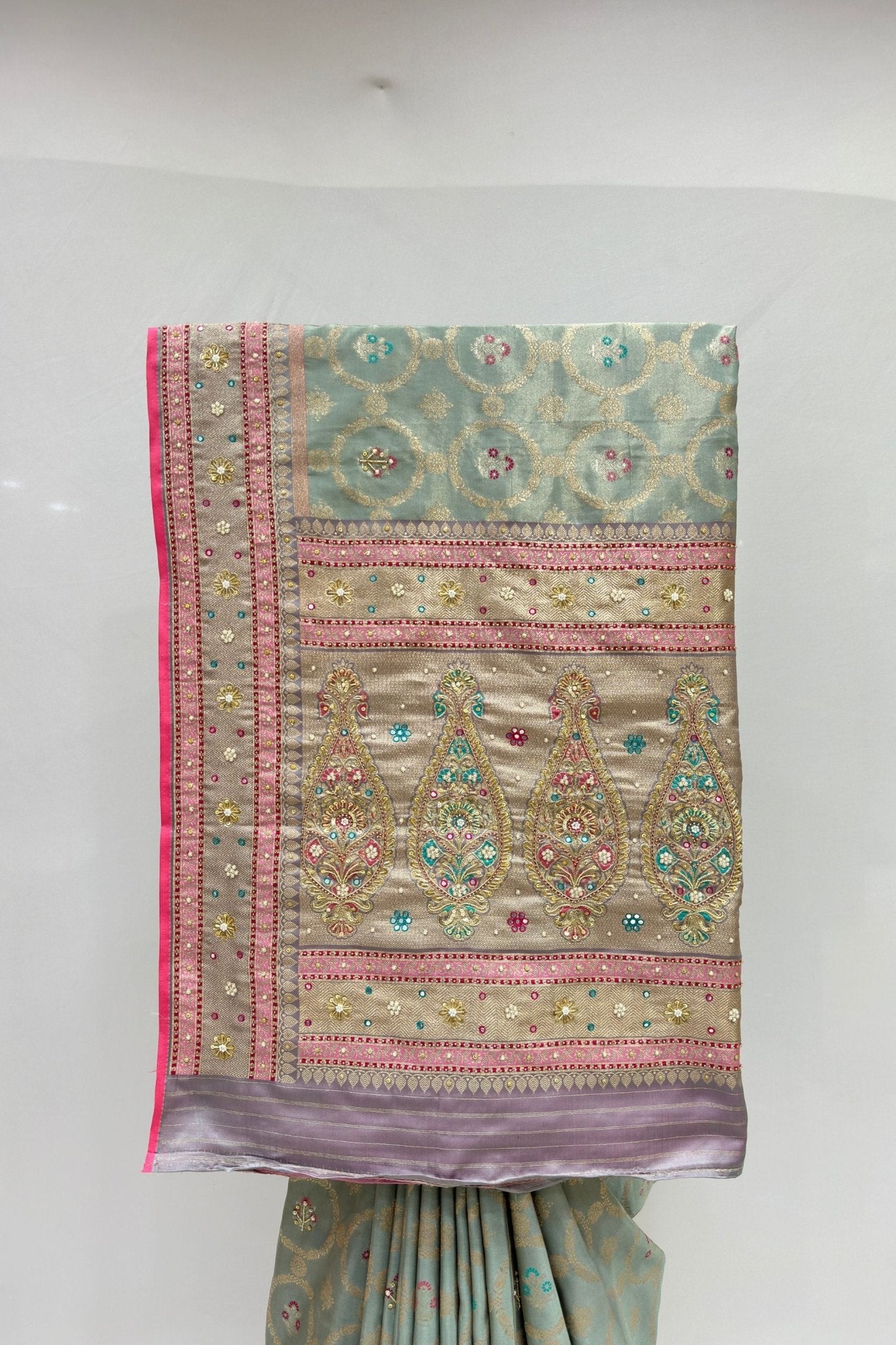 Sage Green Banarasi Silk Saree with Pink & Gold Embellished Border - Mangaldeep NX