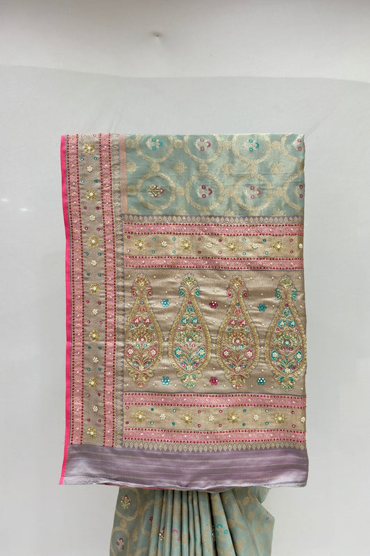 Sage Green Banarasi Silk Saree with Pink & Gold Embellished Border - Mangaldeep NX