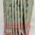 Sage Green Banarasi Silk Saree with Pink & Gold Embellished Border - Mangaldeep NX