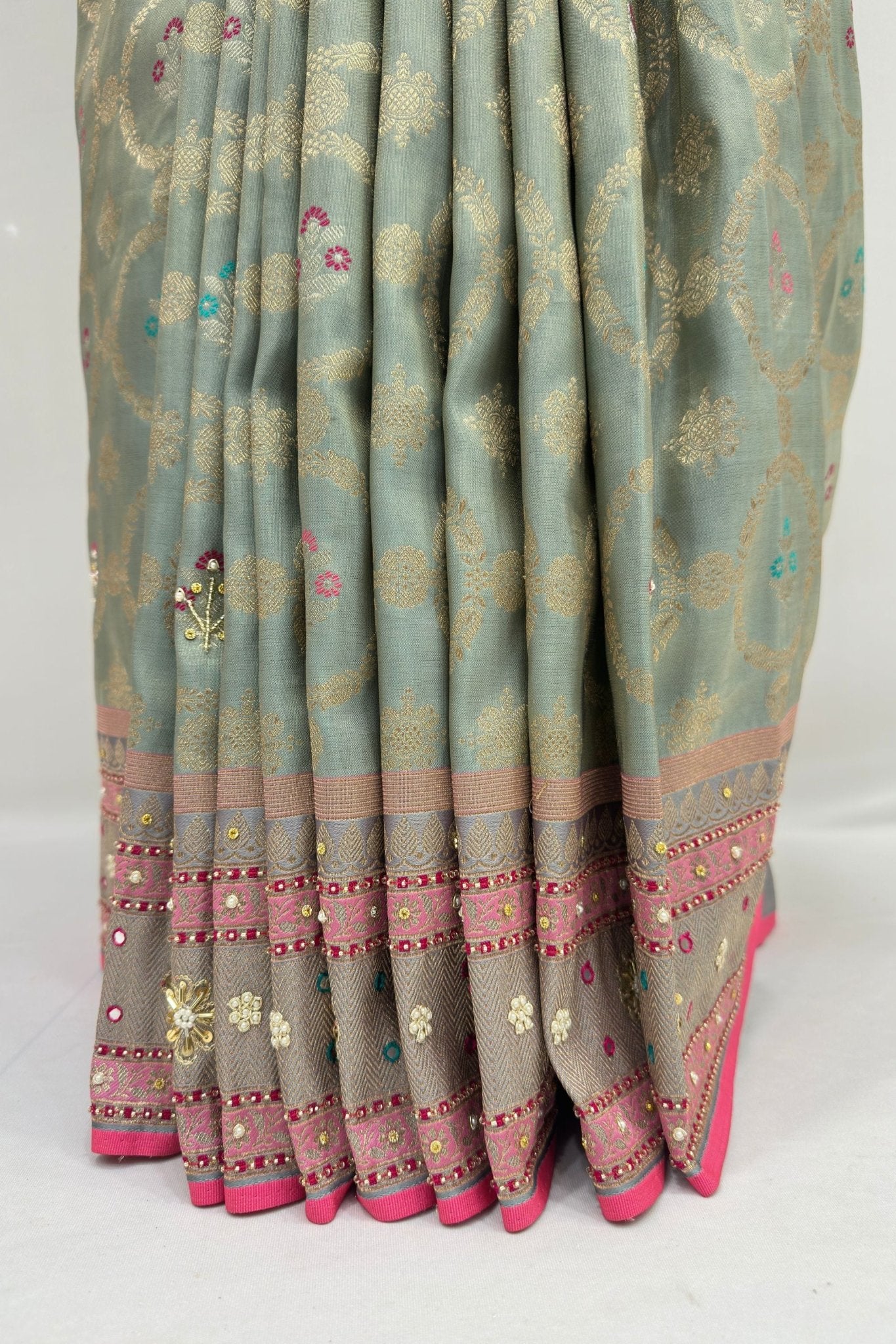 Sage Green Banarasi Silk Saree with Pink & Gold Embellished Border - Mangaldeep NX