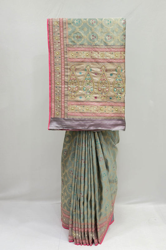 Sage Green Banarasi Silk Saree with Pink & Gold Embellished Border - Mangaldeep NX