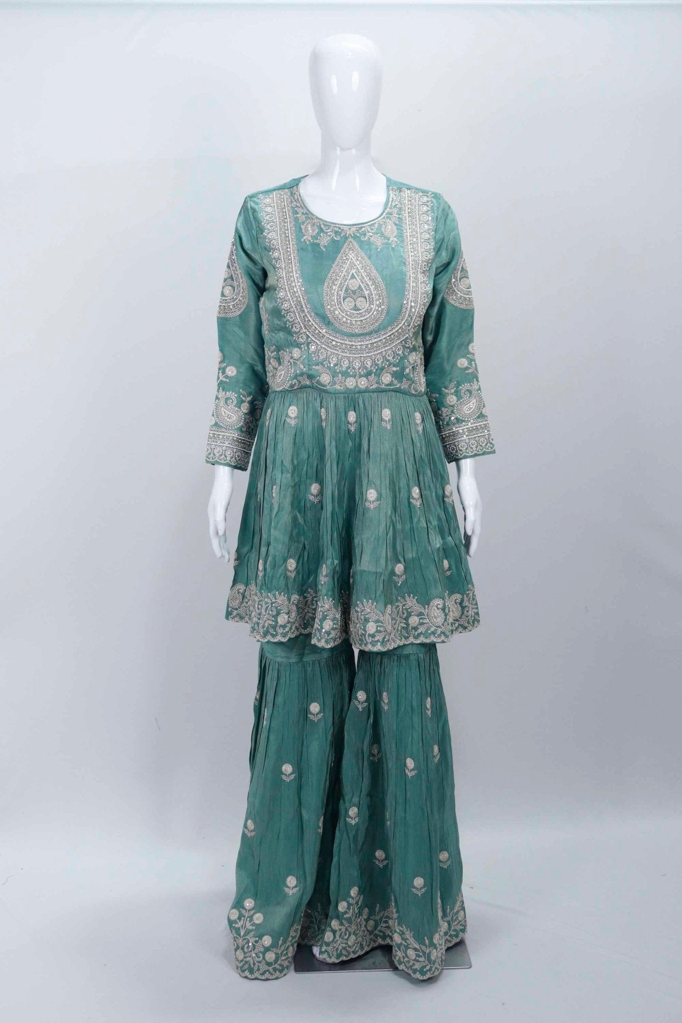 Sage Green Embroidered Kurta Sharara Set with Gota Patti Detailing and Matching Dupatta - Mangaldeep NX
