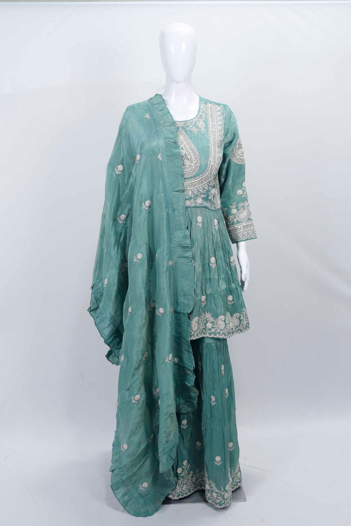 Sage Green Embroidered Kurta Sharara Set with Gota Patti Detailing and Matching Dupatta - Mangaldeep NX