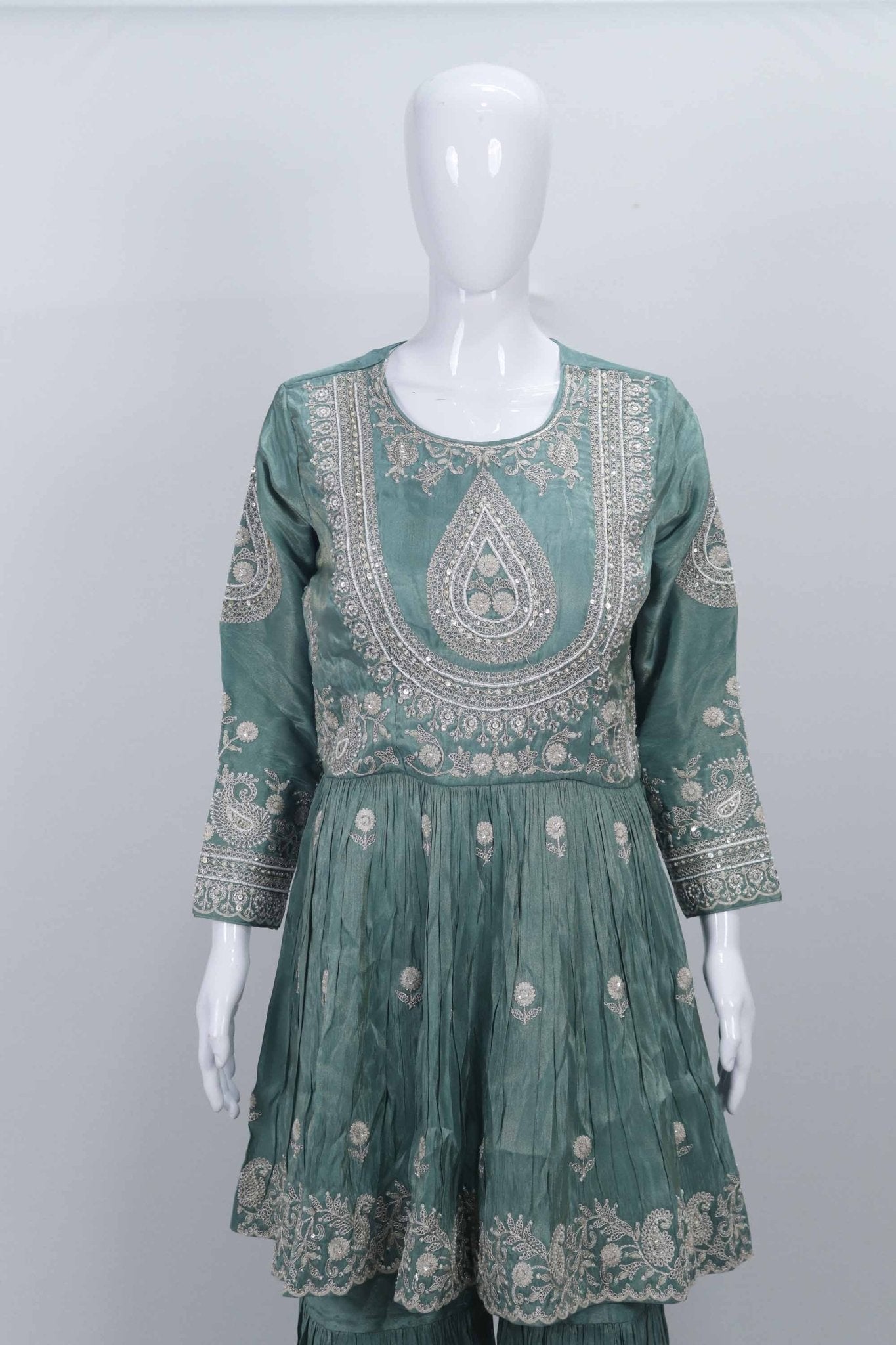 Sage Green Embroidered Kurta Sharara Set with Gota Patti Detailing and Matching Dupatta - Mangaldeep NX