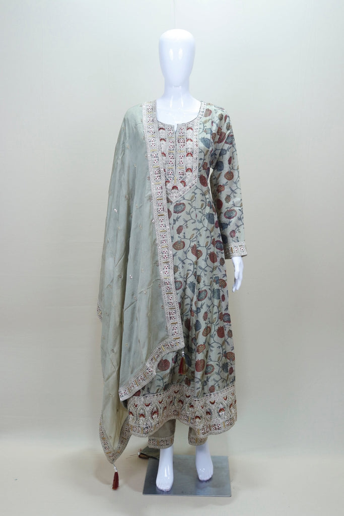 Sage Green Floral Embroidered Anarkali Suit with Matching Dupatta - Mangaldeep NX