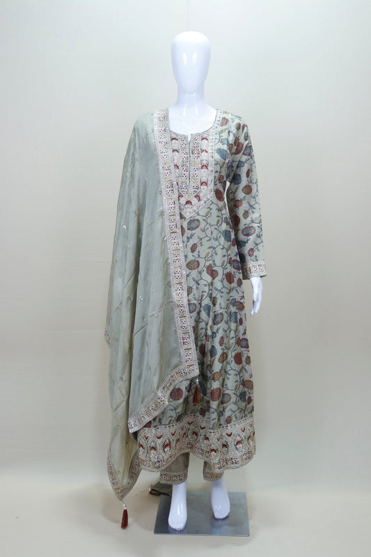 Sage Green Floral Embroidered Anarkali Suit with Matching Dupatta - Mangaldeep NX