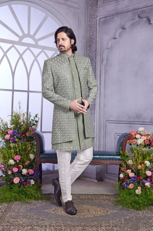 Sage Green Textured Indo Western with Embroidered Jacket for Men. - Mangaldeep NX