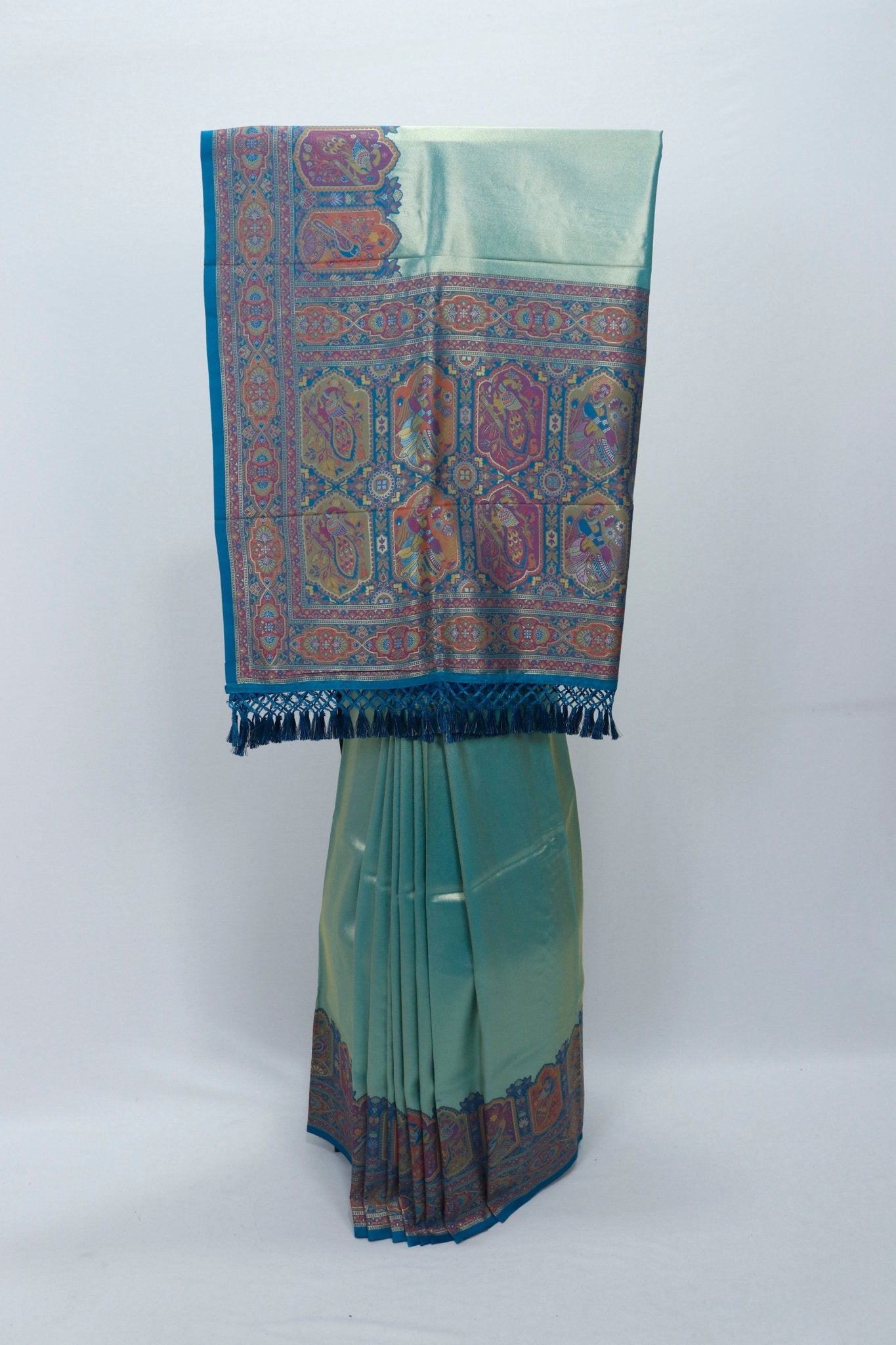 Sea Green Banarasi Silk Saree with Multicolor Meenakari Pallu and Traditional Woven Border - Mangaldeep NX