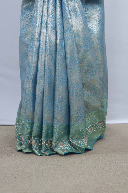 Sea Green Banarasi Silk Saree with Silver Zari Work - Mangaldeep NX