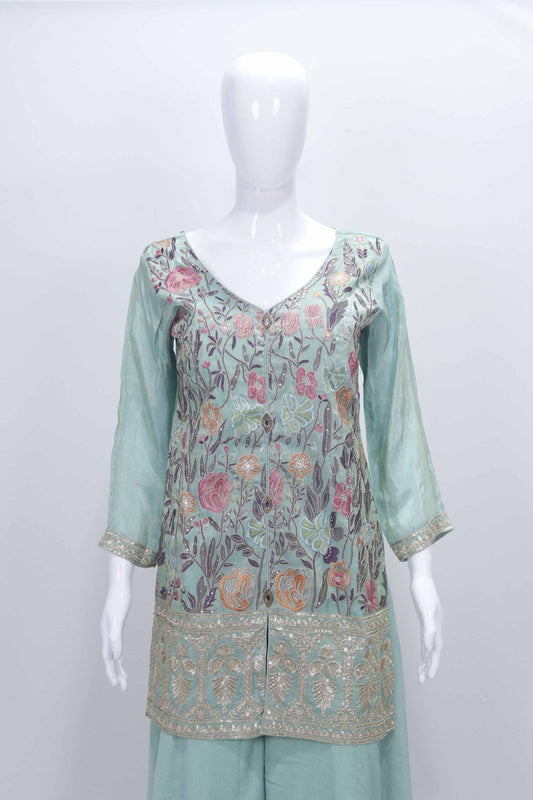 Sea Green Embroidered Georgette Palazzo Set with Floral Thread Work and Matching Dupatta - Mangaldeep NX