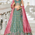 Sea Green Embroidered Silk Lehenga Choli with Multicolor Thread Work and Pink Dupatta - Mangaldeep NX