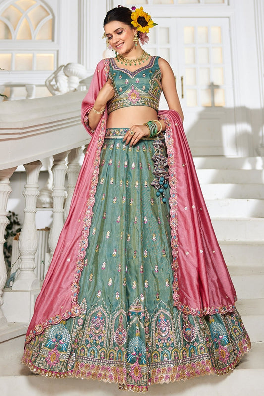 Sea Green Embroidered Silk Lehenga Choli with Multicolor Thread Work and Pink Dupatta - Mangaldeep NX