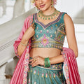 Sea Green Embroidered Silk Lehenga Choli with Multicolor Thread Work and Pink Dupatta - Mangaldeep NX