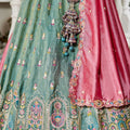 Sea Green Embroidered Silk Lehenga Choli with Multicolor Thread Work and Pink Dupatta - Mangaldeep NX