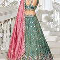 Sea Green Embroidered Silk Lehenga Choli with Multicolor Thread Work and Pink Dupatta - Mangaldeep NX