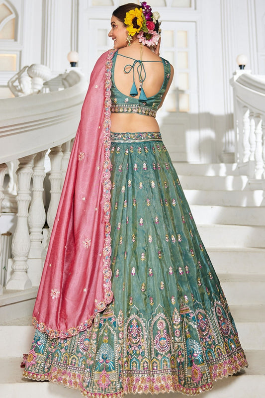 Sea Green Embroidered Silk Lehenga Choli with Multicolor Thread Work and Pink Dupatta - Mangaldeep NX