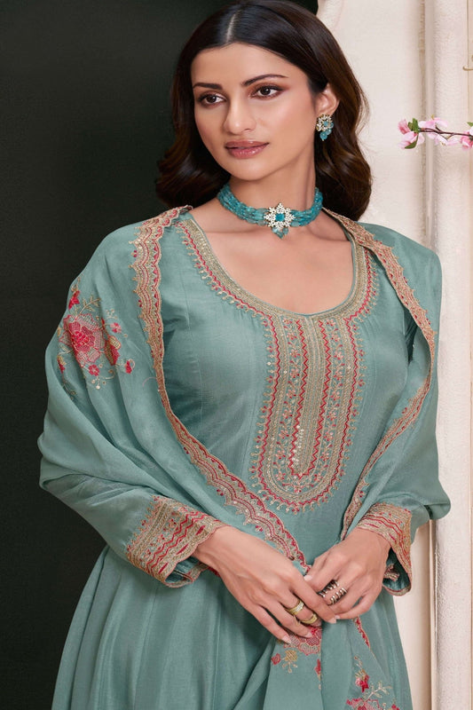 Sea Green Embroidered Silk Semi Stitched Anarkali Suit with Dupatta - Mangaldeep NX