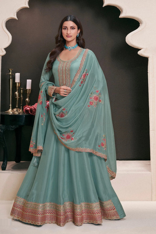 Sea Green Embroidered Silk Semi Stitched Anarkali Suit with Dupatta - Mangaldeep NX