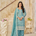 Sea Green Embroidered Straight Salwar Suit with Matching Dupatta - Mangaldeep NX