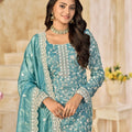 Sea Green Embroidered Straight Salwar Suit with Matching Dupatta - Mangaldeep NX