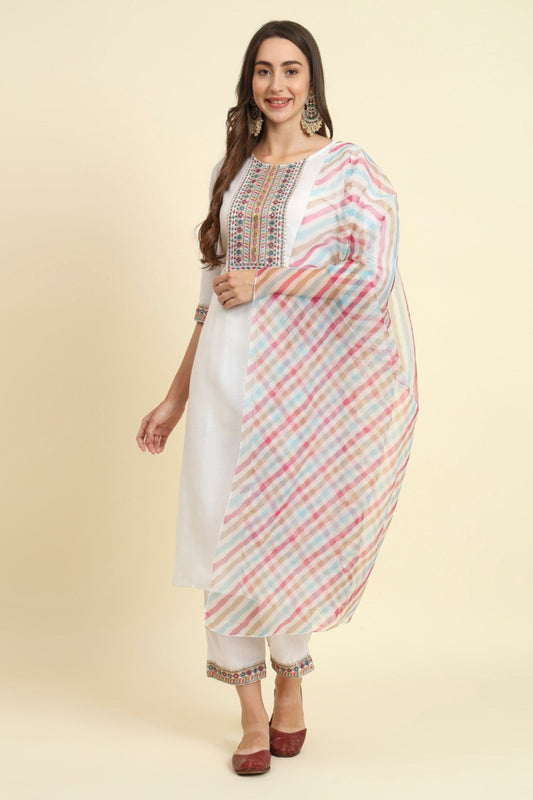 Sensible White Cotton Blend Salwar Suit with Multicolor Dupatta - Mangaldeep NX