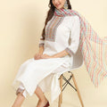 Sensible White Cotton Blend Salwar Suit with Multicolor Dupatta - Mangaldeep NX
