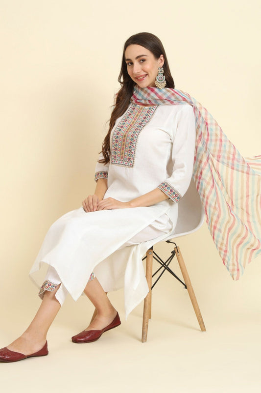 Sensible White Cotton Blend Salwar Suit with Multicolor Dupatta - Mangaldeep NX