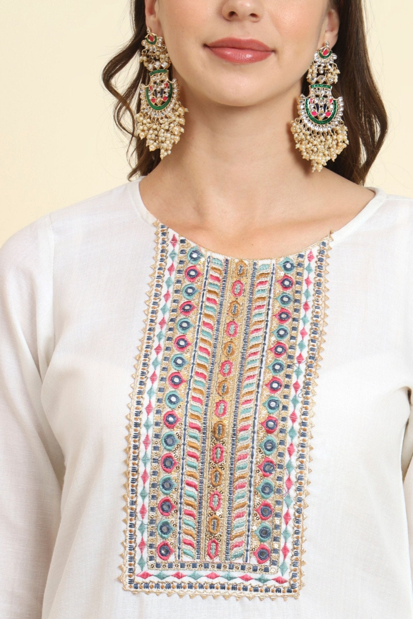 Sensible White Cotton Blend Salwar Suit with Multicolor Dupatta - Mangaldeep NX