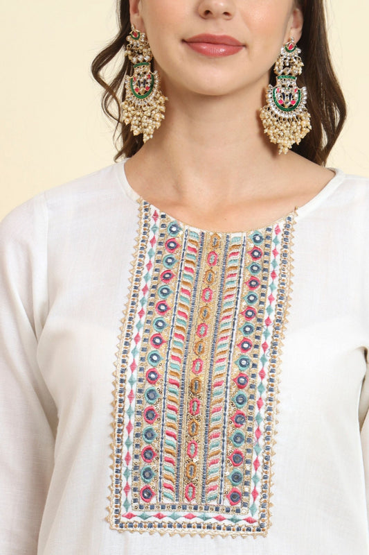 Sensible White Cotton Blend Salwar Suit with Multicolor Dupatta - Mangaldeep NX