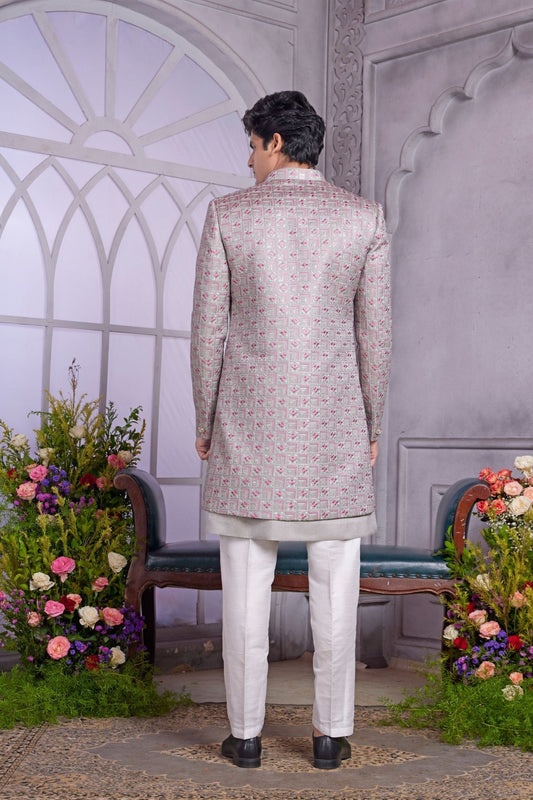 Silver Grey Textured Indo Western with Embroidered Jacket for Men - Mangaldeep NX