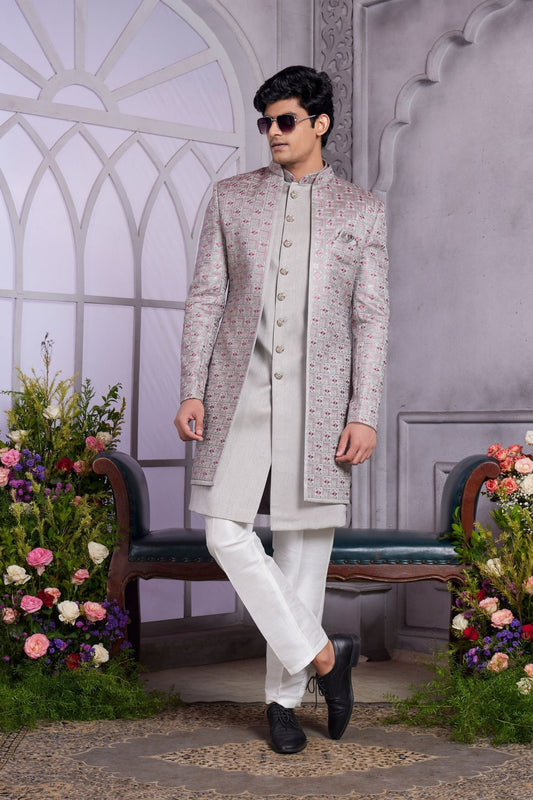 Silver Grey Textured Indo Western with Embroidered Jacket for Men - Mangaldeep NX