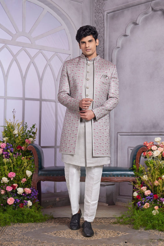 Silver Grey Textured Indo Western with Embroidered Jacket for Men - Mangaldeep NX