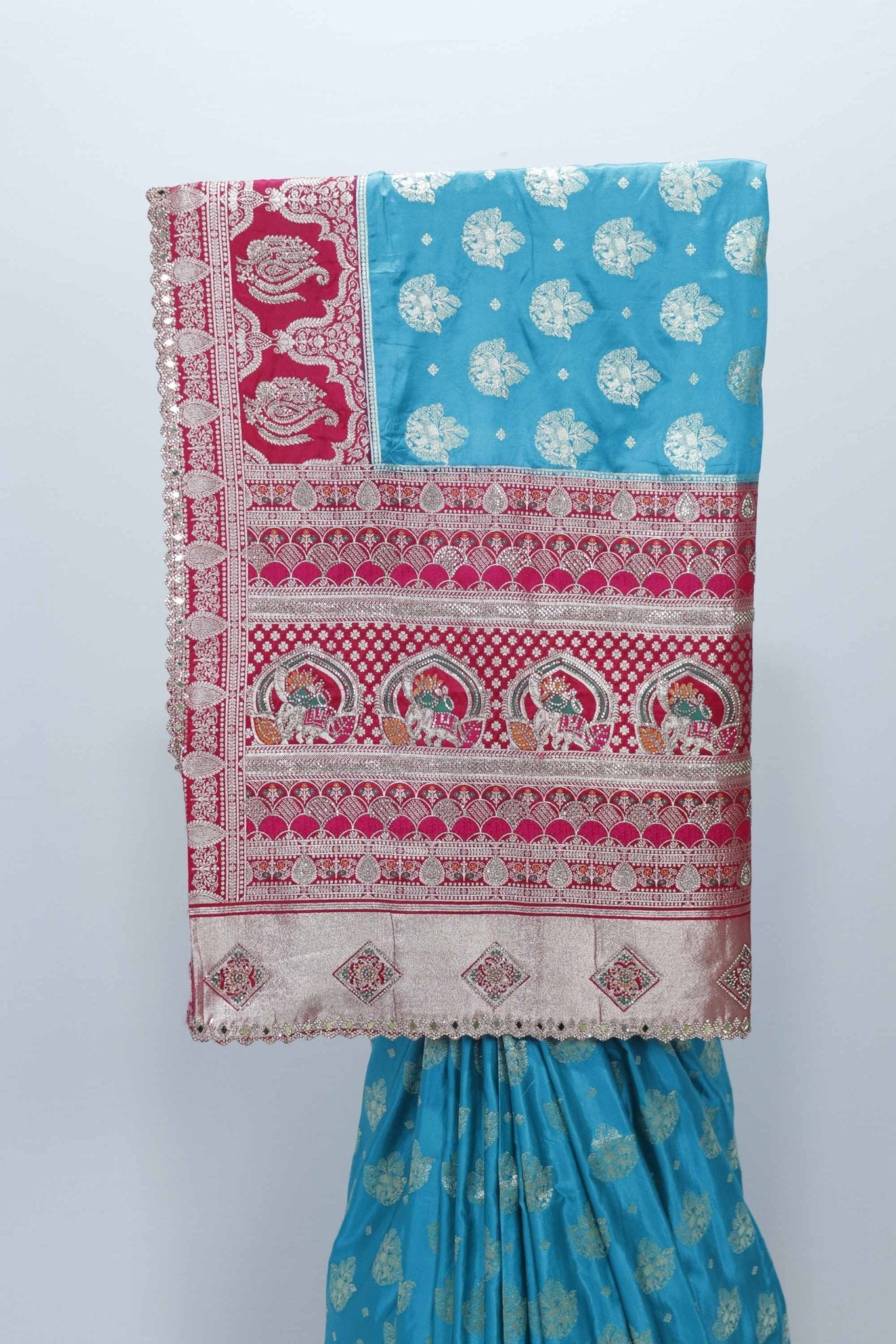 Sky Blue and Red Gaji Silk Saree with Zari Weaving and Traditional Floral Motifs - Mangaldeep NX