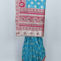 Sky Blue and Red Gaji Silk Saree with Zari Weaving and Traditional Floral Motifs - Mangaldeep NX