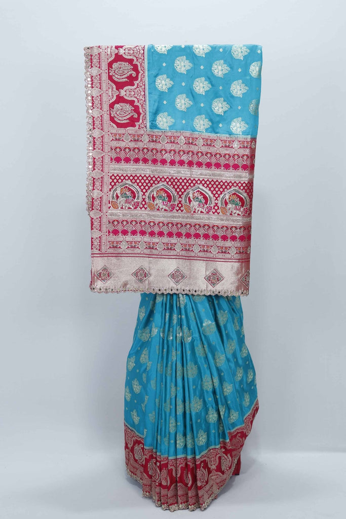 Sky Blue and Red Gaji Silk Saree with Zari Weaving and Traditional Floral Motifs - Mangaldeep NX