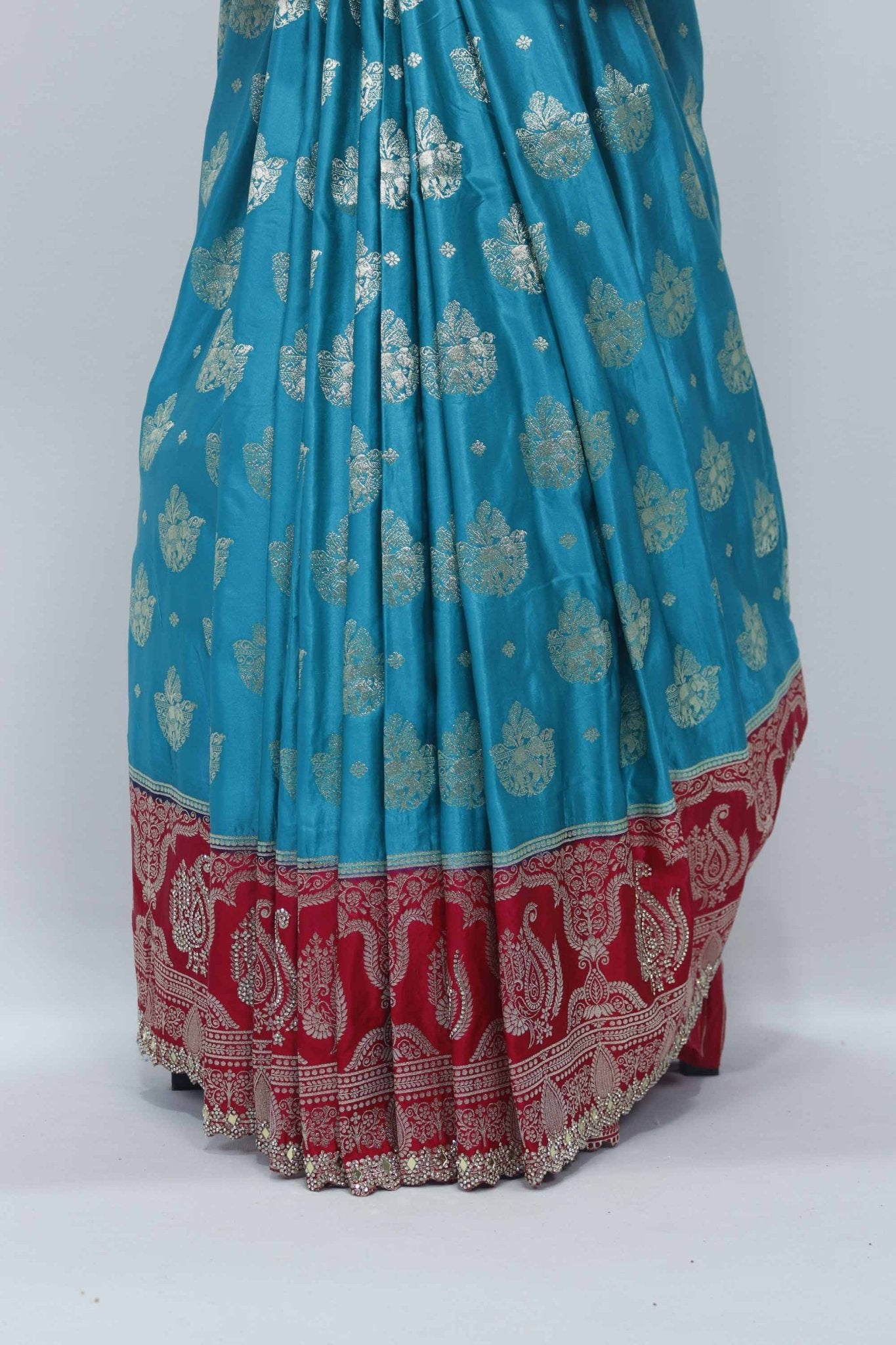 Sky Blue and Red Gaji Silk Saree with Zari Weaving and Traditional Floral Motifs - Mangaldeep NX