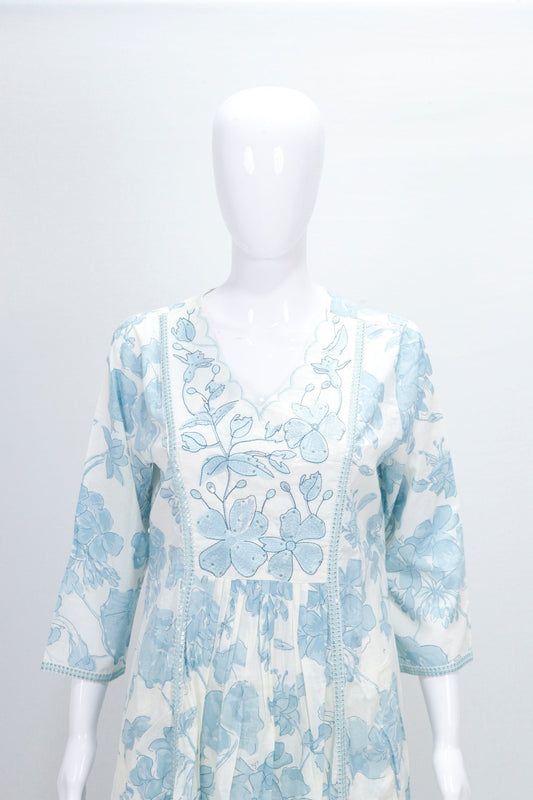 Sky Blue and White Floral Printed Cotton Salwar Suit with Dupatta - Mangaldeep NX