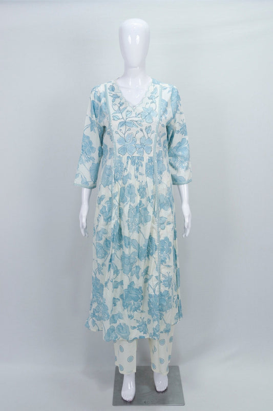 Sky Blue and White Floral Printed Cotton Salwar Suit with Dupatta - Mangaldeep NX