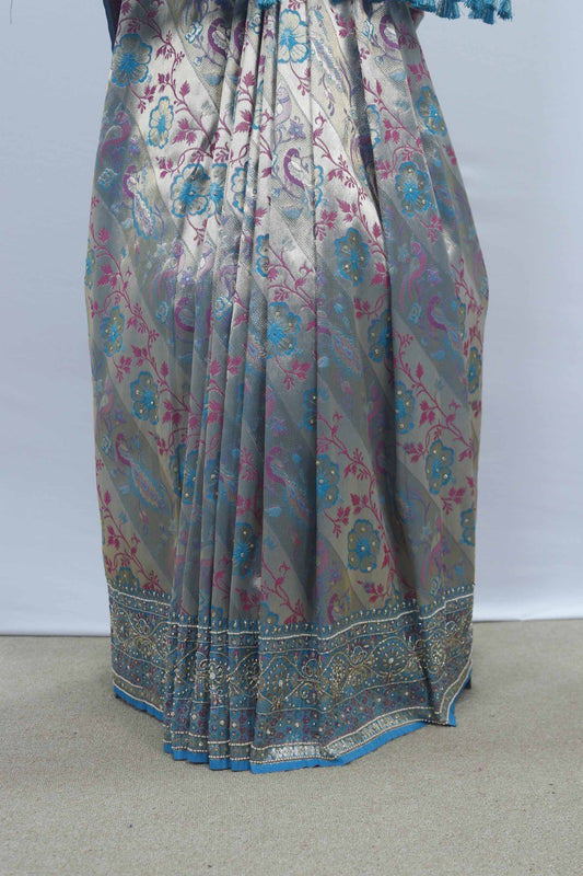 Sky Blue Banarasi Silk Saree with Silver Zari Work - Mangaldeep NX