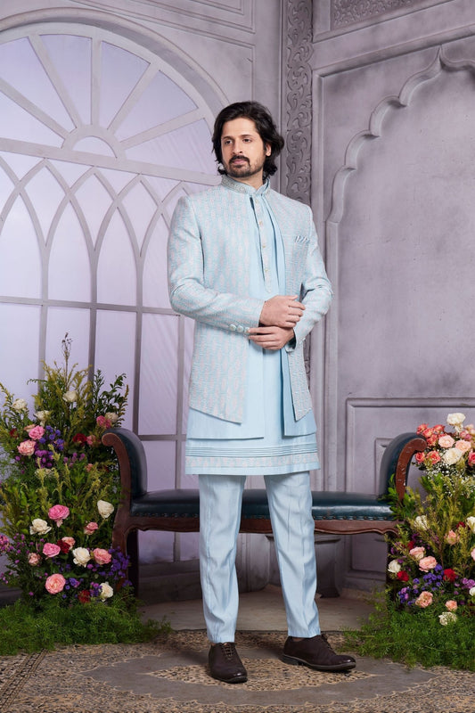Sky Blue Brocade Indo Western Sherwani for Men - Mangaldeep NX
